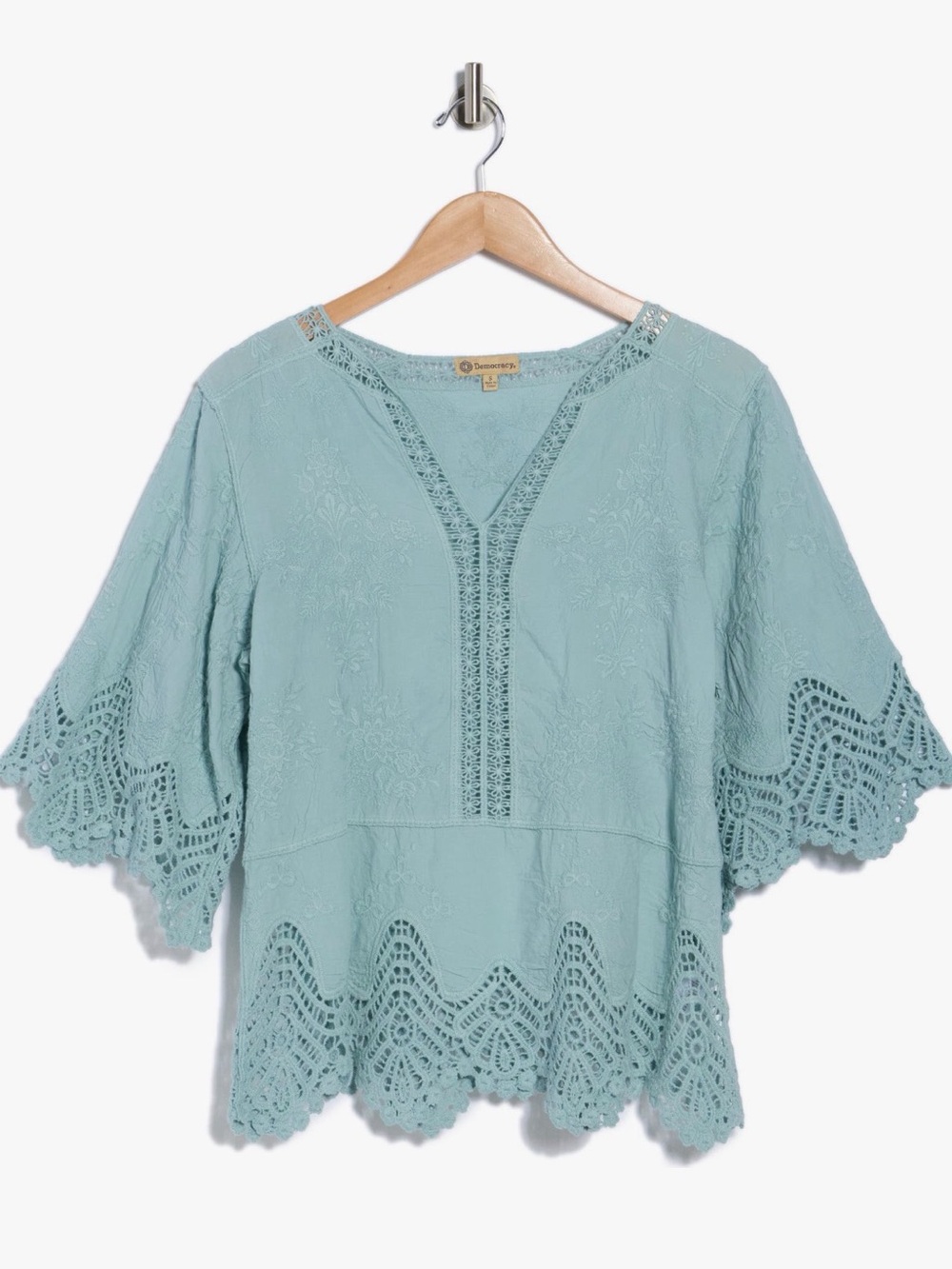 DEMOCRACY - Crochet Peplum V-Neck Women’s Top in Aqua Haze